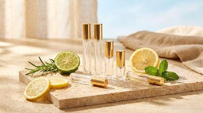 Parfums d'été frais et solaires — décants et miniatures sur pierre claire ensoleillée avec agrumes
