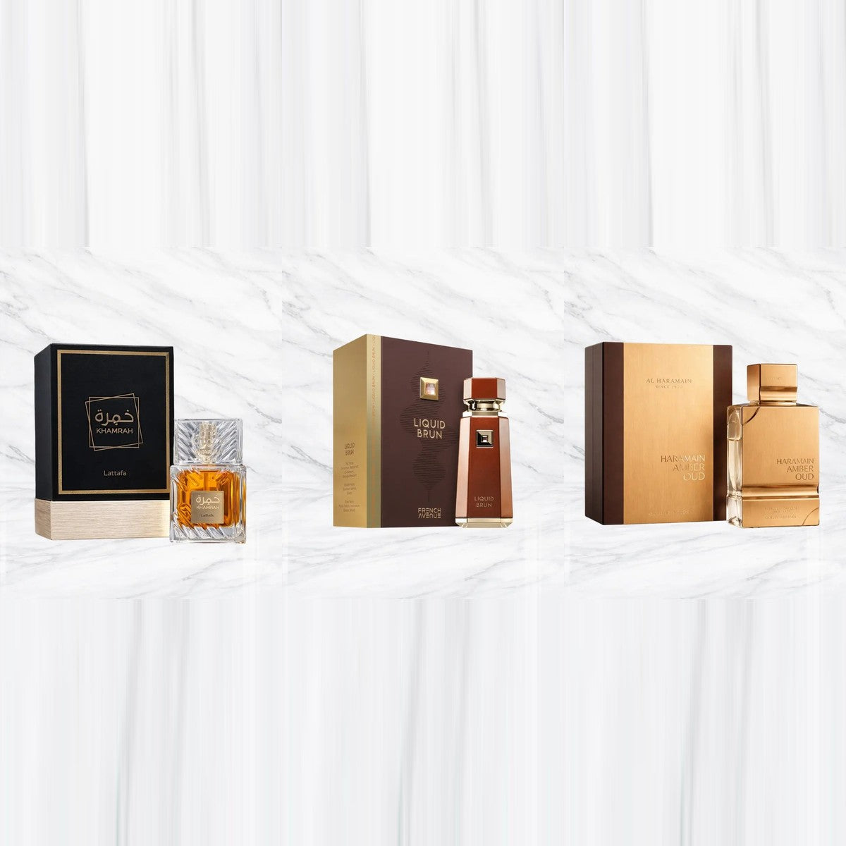 Pack Trio Orientaux — Khamrah, Liquid Brun et Al Haramain Gold Edition (format carré)